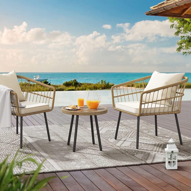 Dextrus 3 Pcs Patio Set, Outdoor Wicker Conversation Bistro Sets for Porch, Backyard with Round Top Coffee Table, Cushions and Lumbar Pillows - Image 4