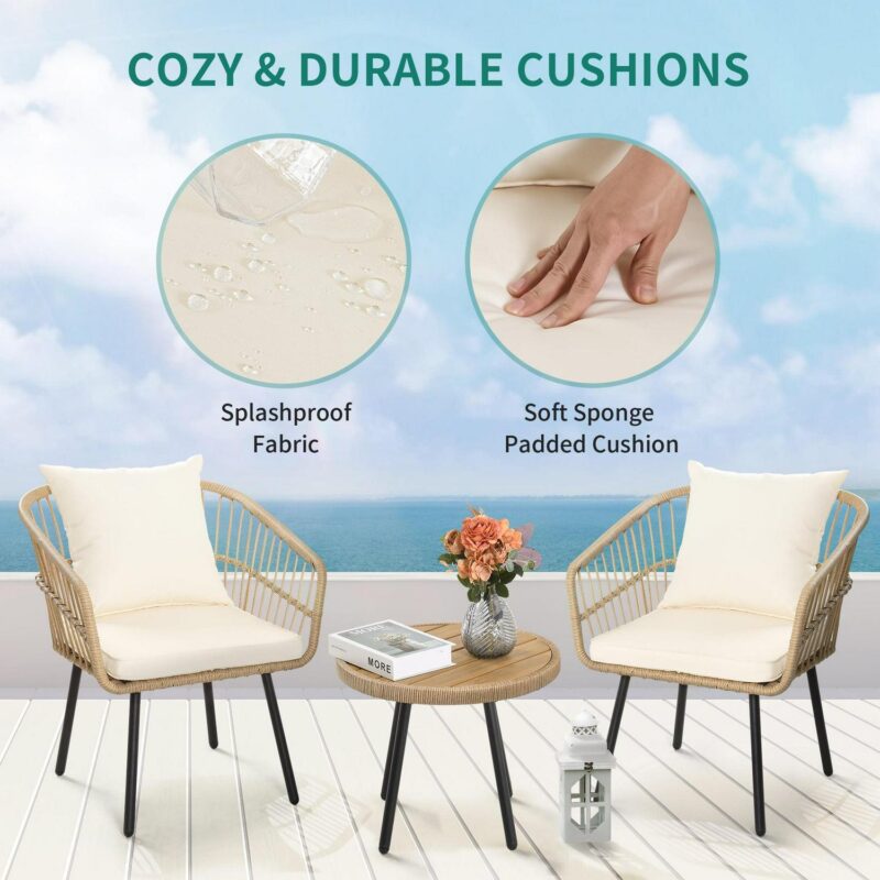 Dextrus 3 Pcs Patio Set, Outdoor Wicker Conversation Bistro Sets for Porch, Backyard with Round Top Coffee Table, Cushions and Lumbar Pillows - Image 2