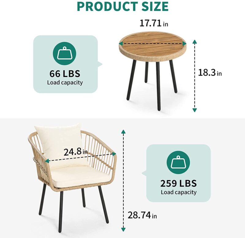 Dextrus 3 Pcs Patio Set, Outdoor Wicker Conversation Bistro Sets for Porch, Backyard with Round Top Coffee Table, Cushions and Lumbar Pillows - Image 3