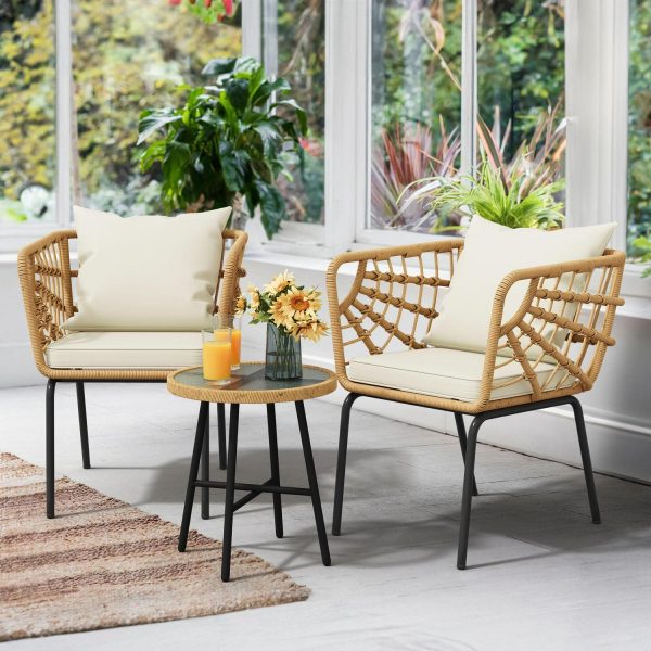 Dextrus 3-Piece Outdoor Patio Furniture Wicker Bistro Set, With 2 Chairs and Coffee Table,Cushions and Lumbar Pillows-Beige