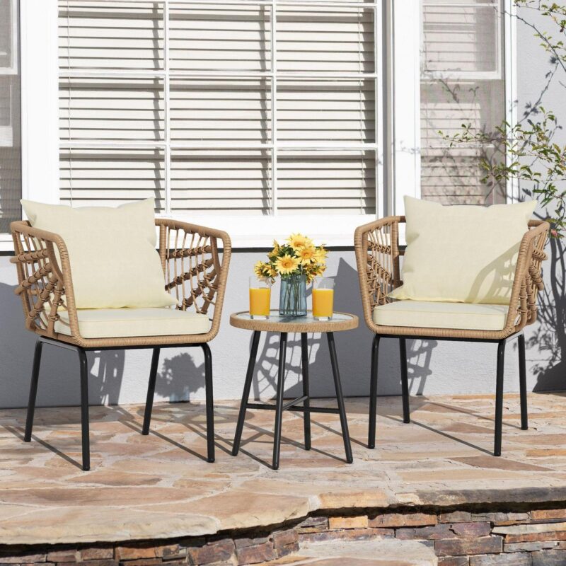 Dextrus 3-Piece Outdoor Patio Furniture Wicker Bistro Set, With 2 Chairs and Coffee Table,Cushions and Lumbar Pillows-Beige - Image 3