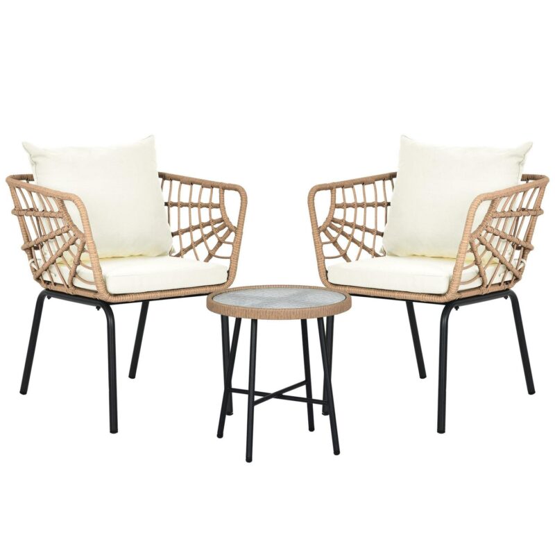 Dextrus 3-Piece Outdoor Patio Furniture Wicker Bistro Set, With 2 Chairs and Coffee Table,Cushions and Lumbar Pillows-Beige - Image 11