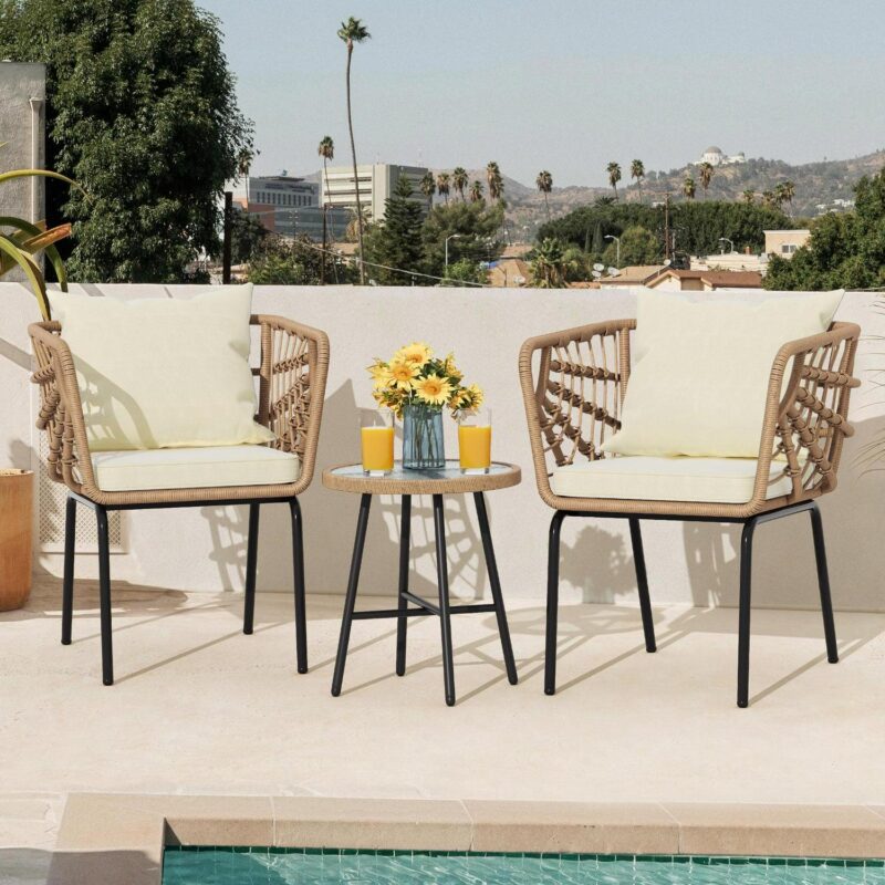 Dextrus 3-Piece Outdoor Patio Furniture Wicker Bistro Set, With 2 Chairs and Coffee Table,Cushions and Lumbar Pillows-Beige - Image 5