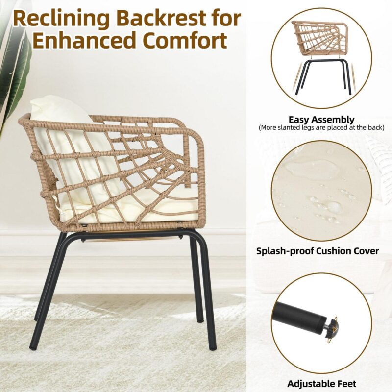 Dextrus 3-Piece Outdoor Patio Furniture Wicker Bistro Set, With 2 Chairs and Coffee Table,Cushions and Lumbar Pillows-Beige - Image 7