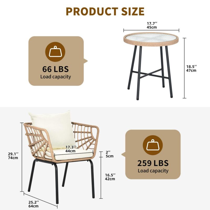 Dextrus 3-Piece Outdoor Patio Furniture Wicker Bistro Set, With 2 Chairs and Coffee Table,Cushions and Lumbar Pillows-Beige - Image 6