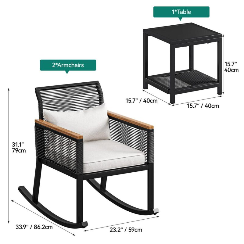 Dextrus 3 Rattan Minimalist Style Outdoor Conversation Sets with Chairs and Table, Black/Light Gray - Image 6