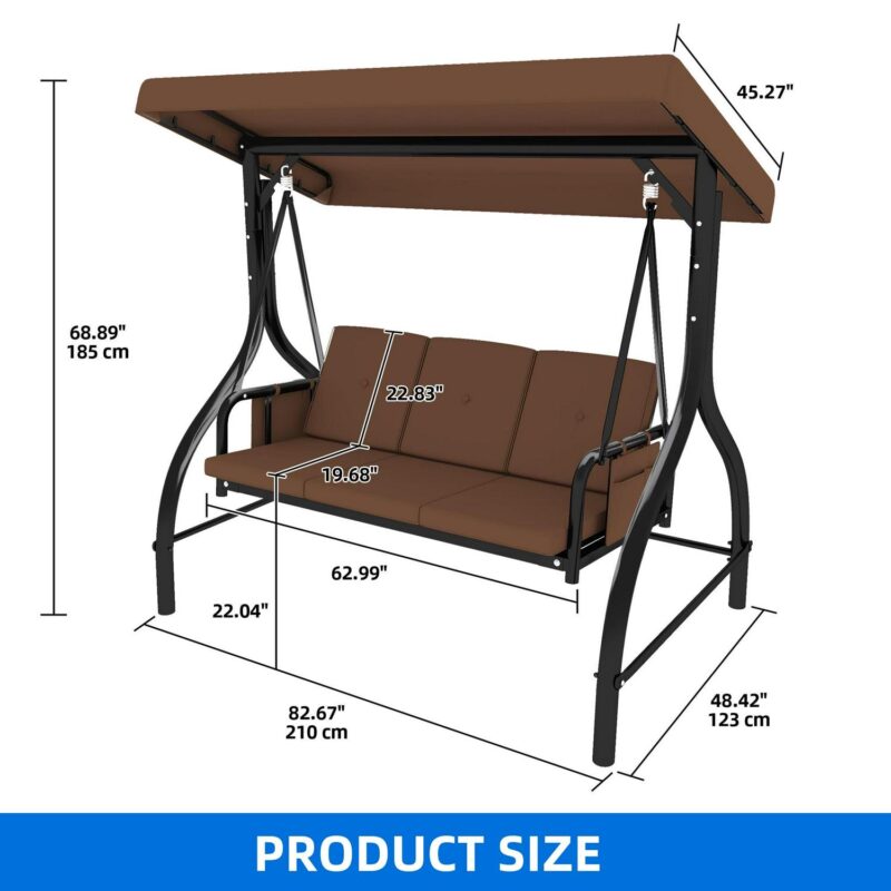 Dextrus 3-Seat Porch Swing Bed with Canopy and Cushion for Adults in Garden, Poolside, Balcony (Brown) - Image 9