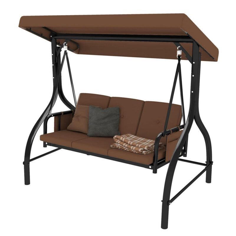 Dextrus 3-Seat Porch Swing Bed with Canopy and Cushion for Adults in Garden, Poolside, Balcony (Brown) - Image 4