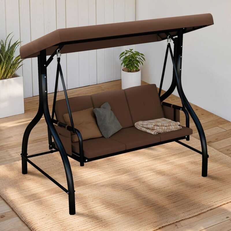 Dextrus 3-Seat Porch Swing Bed with Canopy and Cushion for Adults in Garden, Poolside, Balcony (Brown)
