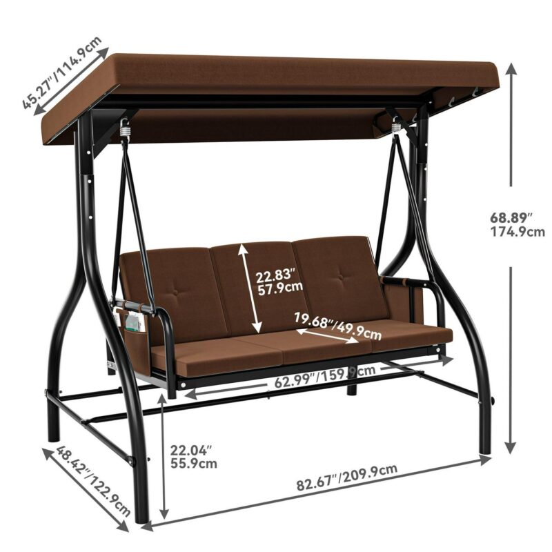 Dextrus 3-Seat Porch Swing Bed with Canopy and Cushion for Adults in Garden, Poolside, Balcony (Brown) - Image 8