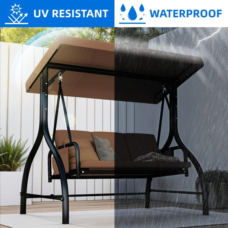 Dextrus 3-Seat Porch Swing Bed with Canopy and Cushion for Adults in Garden, Poolside, Balcony (Brown) - Image 7