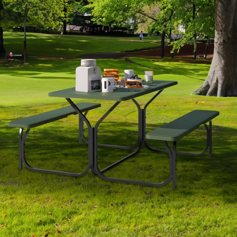 Dextrus 4.5 ft Outdoor Picnic Table Set with Weatherproof Resin Tabletop and Sturdy Steel Frame, Green - Image 3