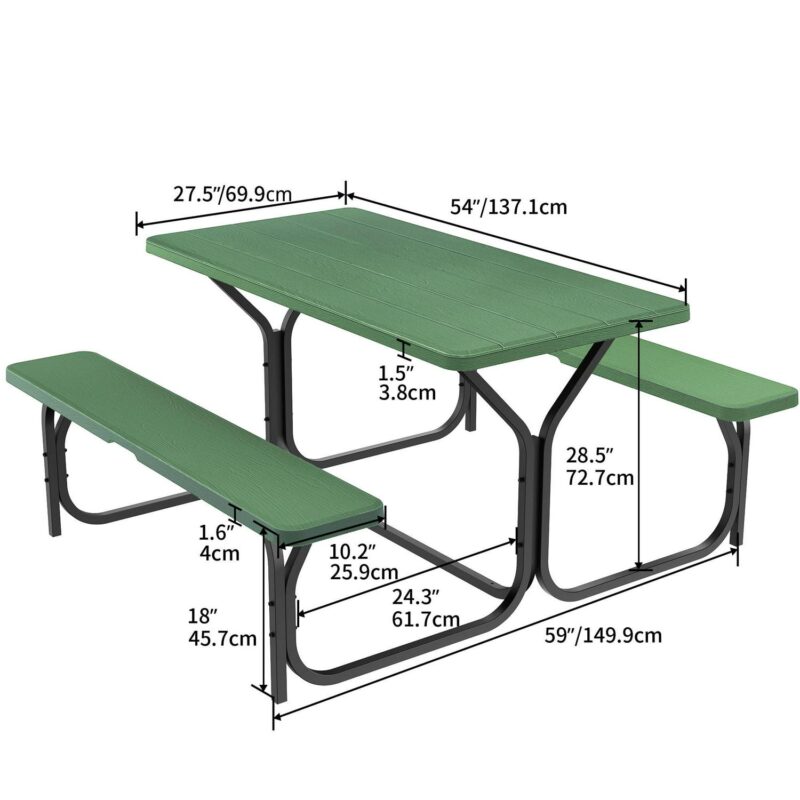 Dextrus 4.5 ft Outdoor Picnic Table Set with Weatherproof Resin Tabletop and Sturdy Steel Frame, Green - Image 4