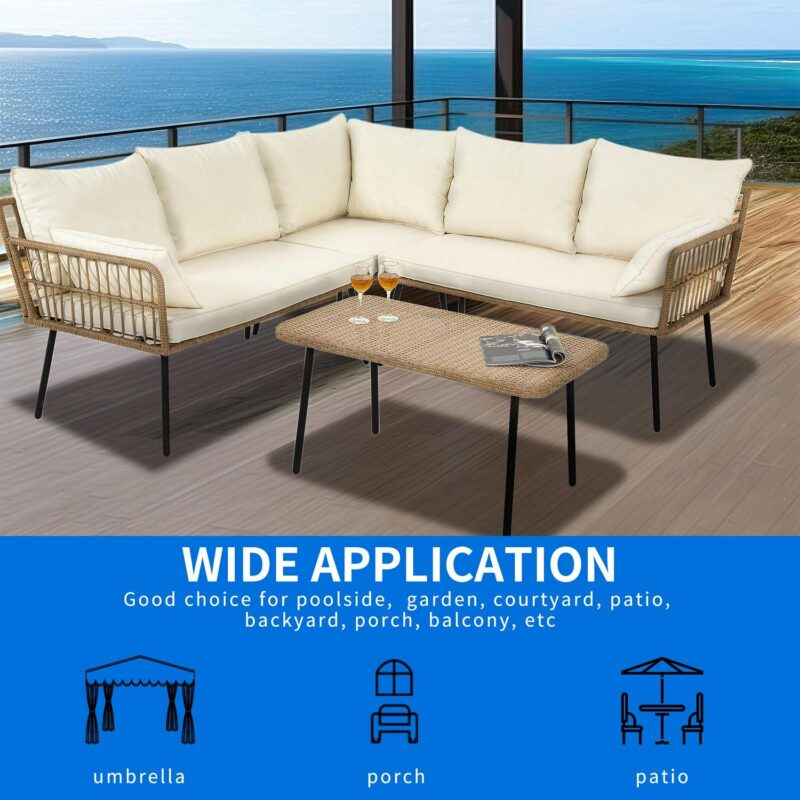 Dextrus 4-Piece Boho Woven Patio Furniture Set a L-Shaped Wicker Sectional Sofa with Cushions and Side Coffee Table in Beige - Image 7