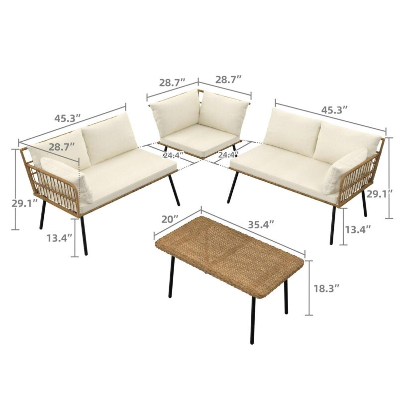 Dextrus 4-Piece Boho Woven Patio Furniture Set a L-Shaped Wicker Sectional Sofa with Cushions and Side Coffee Table in Beige - Image 8
