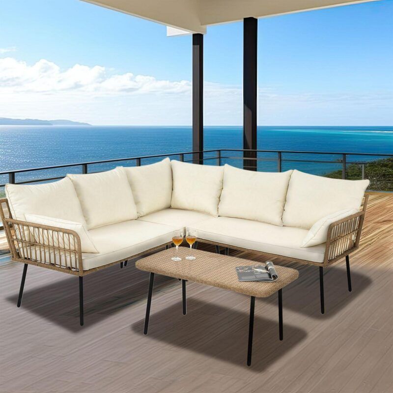 Dextrus 4-Piece Boho Woven Patio Furniture Set a L-Shaped Wicker Sectional Sofa with Cushions and Side Coffee Table in Beige