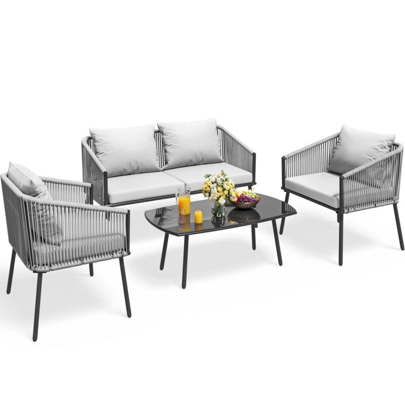 Dextrus 4-Piece Patio Furniture Wicker Outdoor Bistro Set, All Weather Double White Side Rattan Conversation Loveseat for Backyard, Balcony, Deck with Soft Cushions and Metal Table, Gray - Image 4