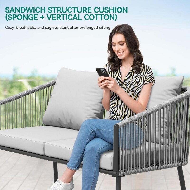 Dextrus 4-Piece Patio Furniture Wicker Outdoor Bistro Set, All Weather Double White Side Rattan Conversation Loveseat for Backyard, Balcony, Deck with Soft Cushions and Metal Table, Gray - Image 6