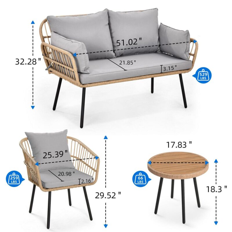 Dextrus 4-Piece Patio Furniture Wicker Outdoor Bistro Set, All-Weather Rattan Conversation Loveseat Chairs for Backyard, Balcony and Deck with Soft Cushions and Coffee Table - Gray - Image 3