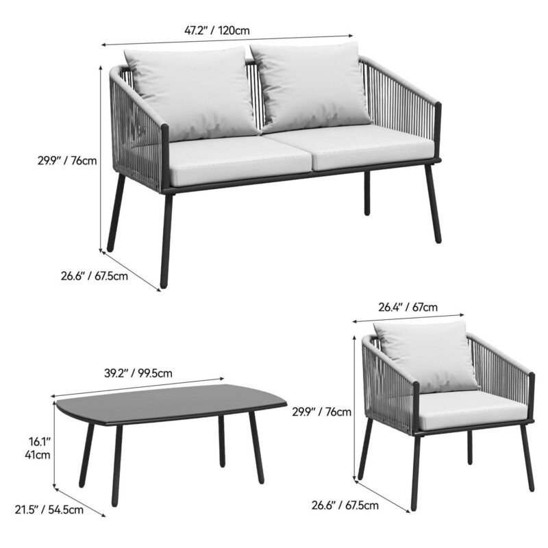Dextrus 4-Piece Patio Furniture Wicker Outdoor Bistro Set, All Weather Double White Side Rattan Conversation Loveseat for Backyard, Balcony, Deck with Soft Cushions and Metal Table, Gray - Image 5
