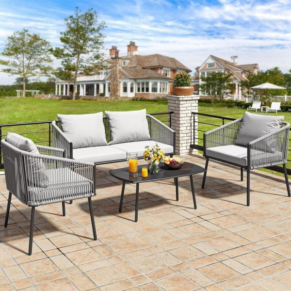 Dextrus 4-Piece Patio Furniture Wicker Outdoor Bistro Set, All Weather Double White Side Rattan Conversation Loveseat for Backyard, Balcony, Deck with Soft Cushions and Metal Table, Gray
