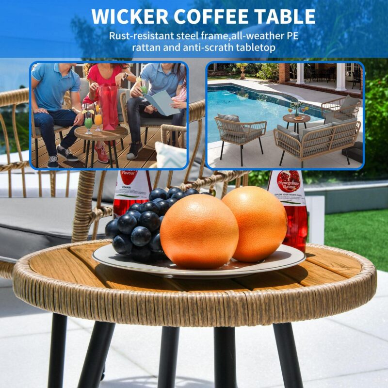 Dextrus 4-Piece Patio Furniture Wicker Outdoor Bistro Set, All-Weather Rattan Conversation Loveseat Chairs for Backyard, Balcony and Deck with Soft Cushions and Coffee Table - Gray - Image 5