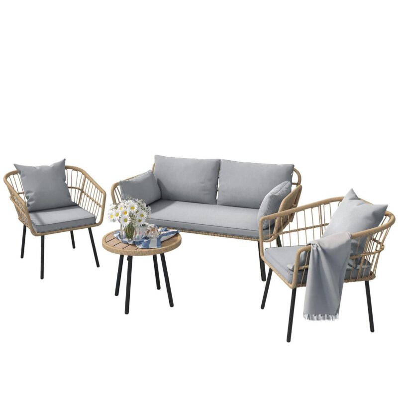 Dextrus 4-Piece Patio Furniture Wicker Outdoor Bistro Set, All-Weather Rattan Conversation Loveseat Chairs for Backyard, Balcony and Deck with Soft Cushions and Coffee Table - Gray - Image 2