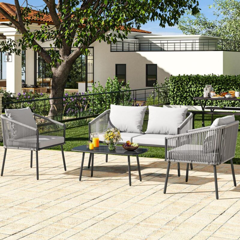 Dextrus 4-Piece Patio Furniture Wicker Outdoor Bistro Set, All Weather Double White Side Rattan Conversation Loveseat for Backyard, Balcony, Deck with Soft Cushions and Metal Table, Gray - Image 7