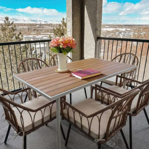 Dextrus 59in Outdoor Patio Table, Rectangle Bistro Table with Umbrella Hole,Dining Table - Beige