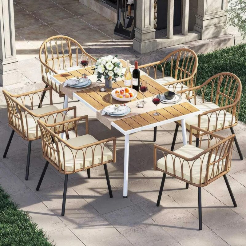 Dextrus 59in Outdoor Patio Table, Rectangle Bistro Table with Umbrella Hole,Dining Table - Beige - Image 5
