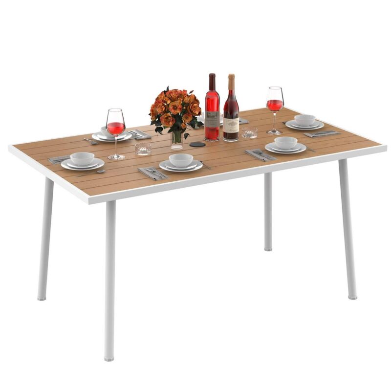Dextrus 59in Outdoor Patio Table, Rectangle Bistro Table with Umbrella Hole,Dining Table - Beige - Image 2