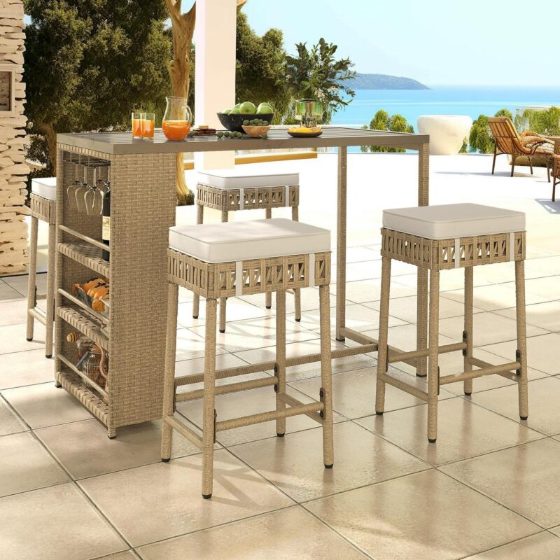 Dextrus 5 Piece Beige Rattan Wicker Bar Set, Patio Dining Furniture, High Top Dining Table with 3 Storage Space Shelf, Wine Glass Holder and 4 Bar Stools dining chairs With Soft Cushions