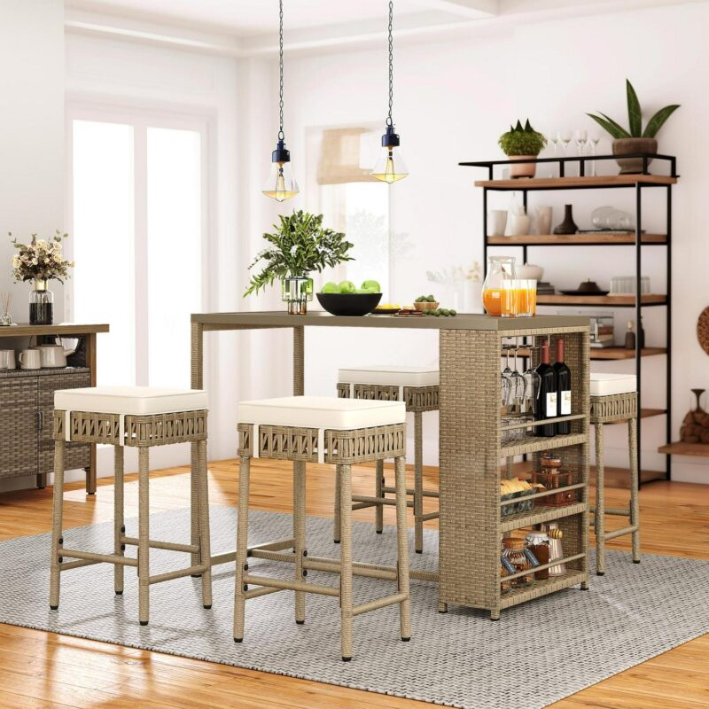 Dextrus 5 Piece Beige Rattan Wicker Bar Set, Patio Dining Furniture, High Top Dining Table with 3 Storage Space Shelf, Wine Glass Holder and 4 Bar Stools dining chairs With Soft Cushions - Image 4