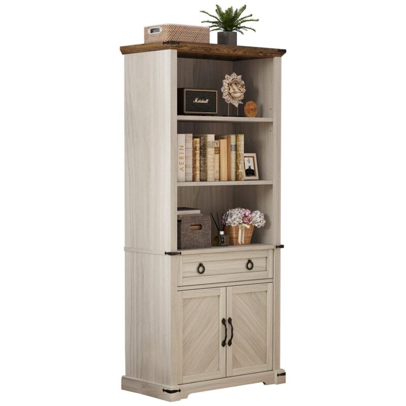 Dextrus 5-Shelf Bookcase with Doors and Drawer, Tall Wood Storage Cabinet with Adjustable Shelves for Home and Office - Image 3