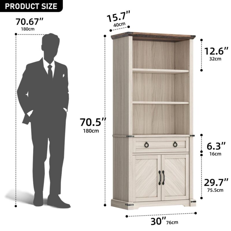 Dextrus 5-Shelf Bookcase with Doors and Drawer, Tall Wood Storage Cabinet with Adjustable Shelves for Home and Office - Image 7