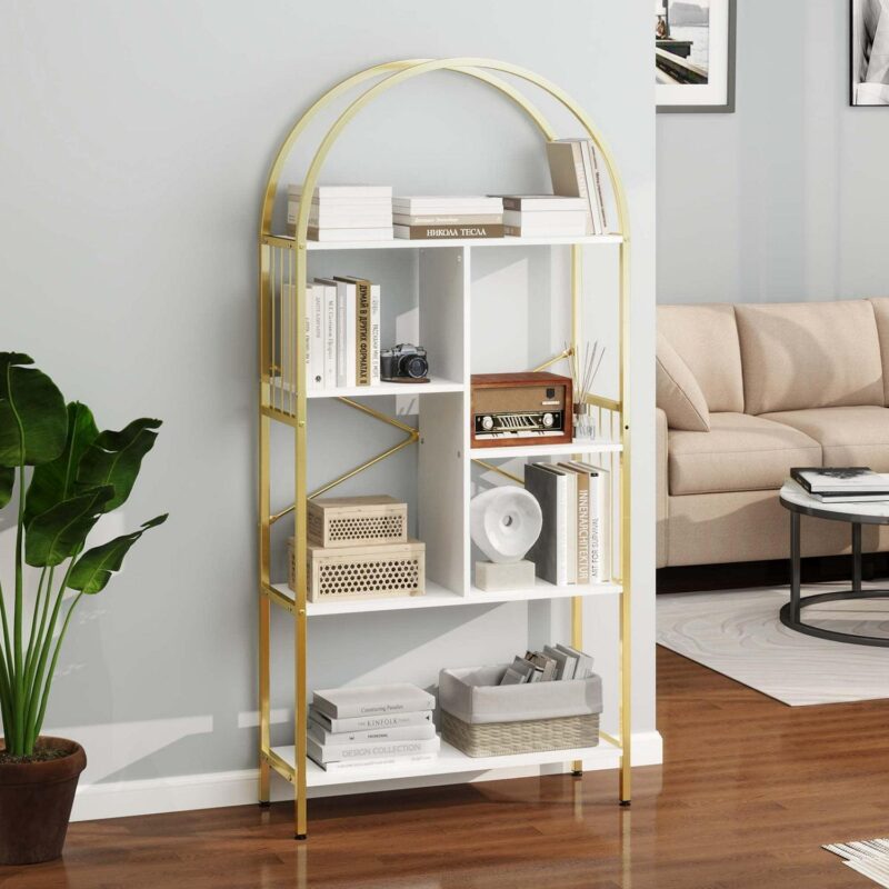 Dextrus 5 Tier Arched Bookshelf and Bookcase, Gold Standing Book Shelf, Mental Frame Storage Display Rack Shelves Organizer for Bedroom Living Room Office,White&Gold - Image 2