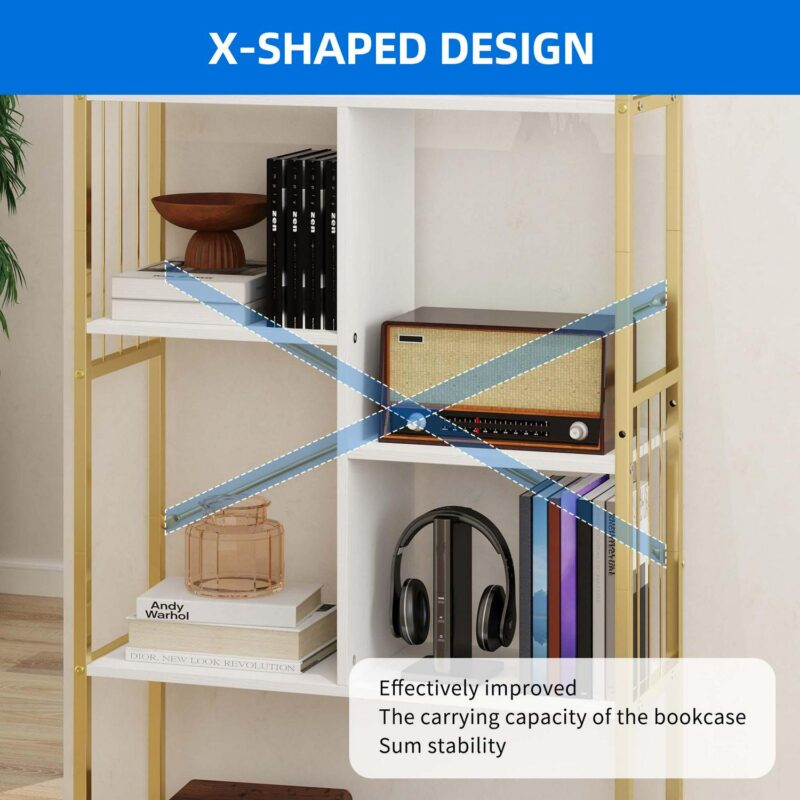Dextrus 5 Tier Arched Bookshelf and Bookcase, Gold Standing Book Shelf, Mental Frame Storage Display Rack Shelves Organizer for Bedroom Living Room Office,White&Gold - Image 7