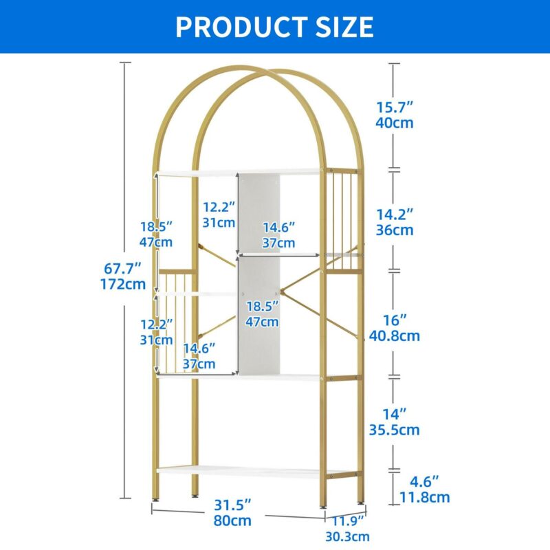 Dextrus 5 Tier Arched Bookshelf and Bookcase, Gold Standing Book Shelf, Mental Frame Storage Display Rack Shelves Organizer for Bedroom Living Room Office,White&Gold - Image 4