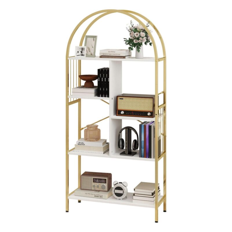 Dextrus 5 Tier Arched Bookshelf and Bookcase, Gold Standing Book Shelf, Mental Frame Storage Display Rack Shelves Organizer for Bedroom Living Room Office,White&Gold - Image 3