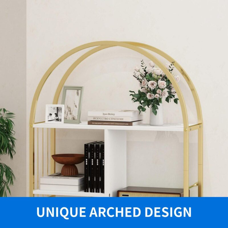 Dextrus 5 Tier Arched Bookshelf and Bookcase, Gold Standing Book Shelf, Mental Frame Storage Display Rack Shelves Organizer for Bedroom Living Room Office,White&Gold - Image 6