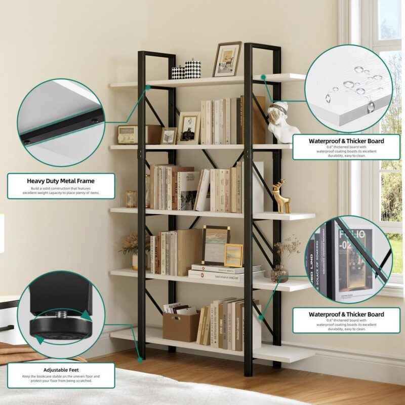 Dextrus 5 Tier Bookcase and Book Shelf, Modern Free Standing Bookshelf Storage Organizer with Metal Frame, Book Shelves for Living Room Bedroom Balcony Home Office - Image 9