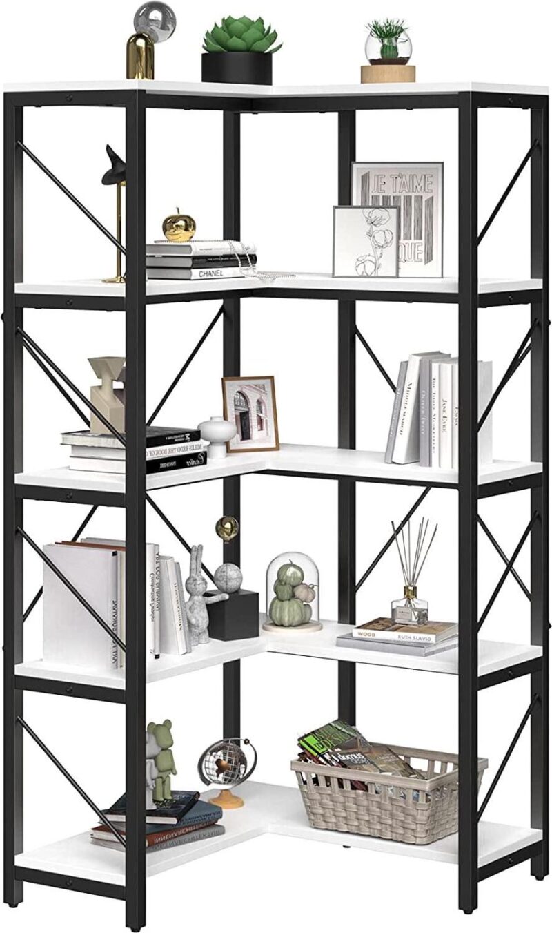 Dextrus 5-Tier L-Shaped Bookcase Storage Organizer, Tall Corner Bookshelf Open Display Freestanding Storage Corner shelf, White - Image 4