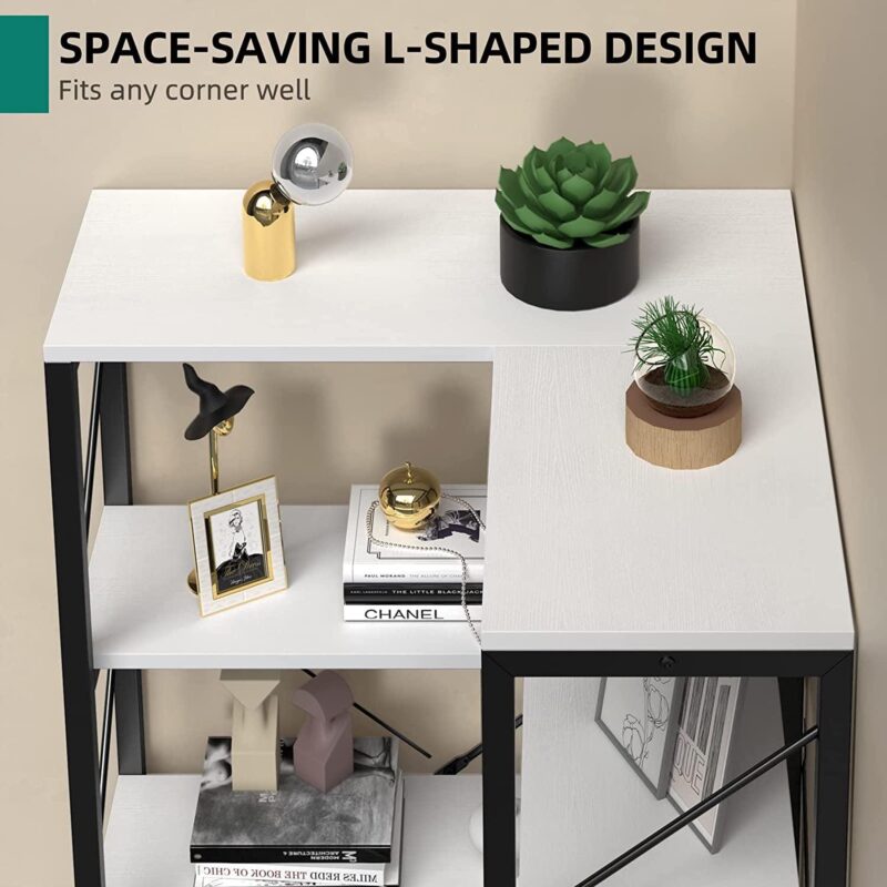 Dextrus 5-Tier L-Shaped Bookcase Storage Organizer, Tall Corner Bookshelf Open Display Freestanding Storage Corner shelf, White - Image 3