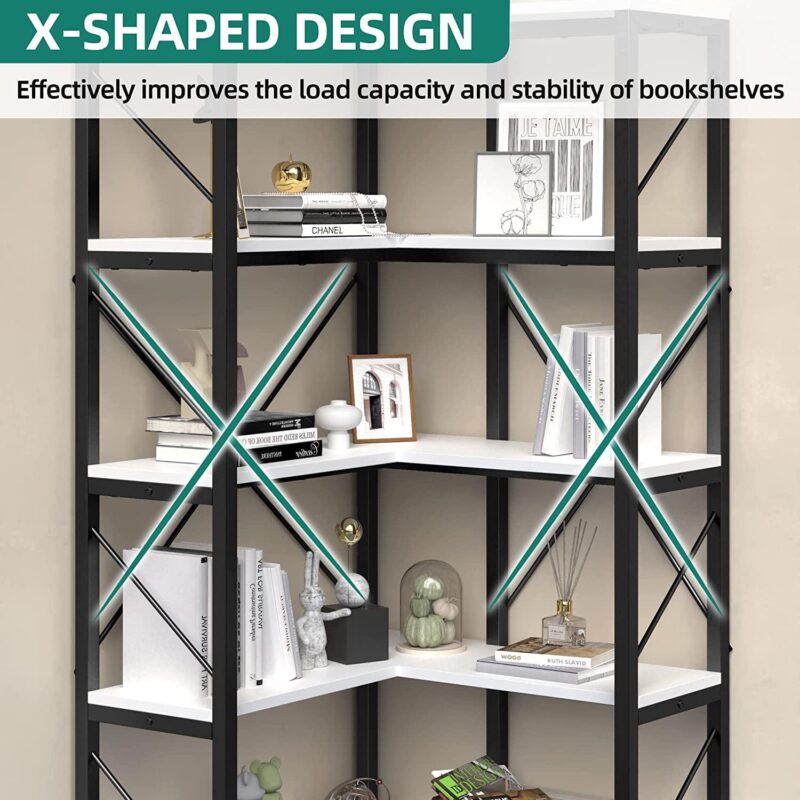 Dextrus 5-Tier L-Shaped Bookcase Storage Organizer, Tall Corner Bookshelf Open Display Freestanding Storage Corner shelf, White - Image 7