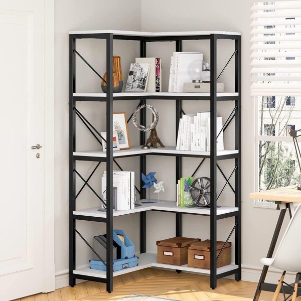 Dextrus 5-Tier L-Shaped Bookcase Storage Organizer, Tall Corner Bookshelf Open Display Freestanding Storage Corner shelf, White