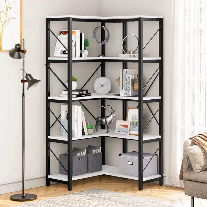 Dextrus 5-Tier L-Shaped Bookcase Storage Organizer, Tall Corner Bookshelf Open Display Freestanding Storage Corner shelf, White - Image 6