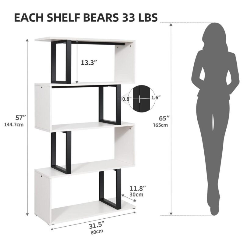 Dextrus 5-Tier S-Shaped Bookshelf, Geometric Bookcase Wooden Z-Shelf Storage Modern Open Shelving, Freestanding Display Bookshelf for Living Room Home Office, White - Image 7