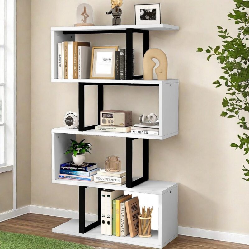 Dextrus 5-Tier S-Shaped Bookshelf, Geometric Bookcase Wooden Z-Shelf Storage Modern Open Shelving, Freestanding Display Bookshelf for Living Room Home Office, White