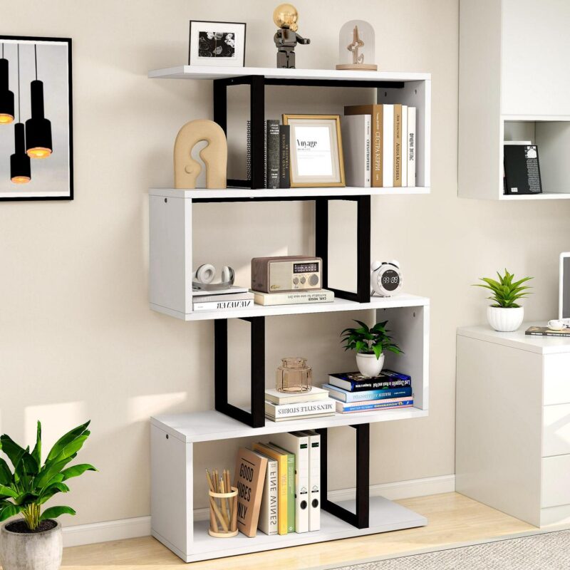 Dextrus 5-Tier S-Shaped Bookshelf, Geometric Bookcase Wooden Z-Shelf Storage Modern Open Shelving, Freestanding Display Bookshelf for Living Room Home Office, White - Image 4