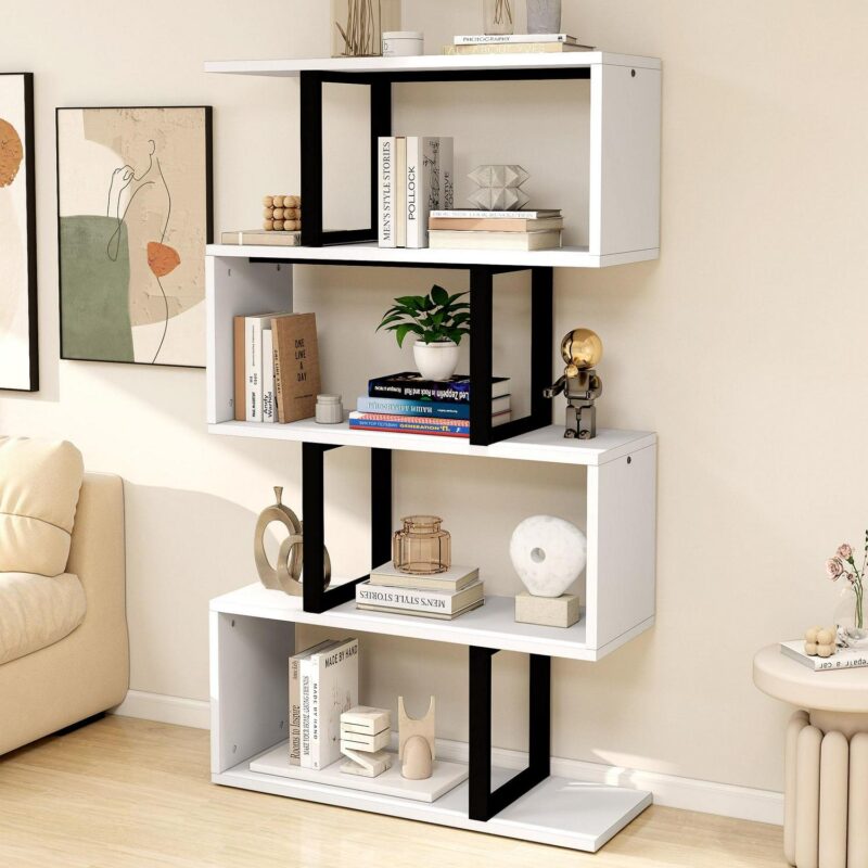 Dextrus 5-Tier S-Shaped Bookshelf, Geometric Bookcase Wooden Z-Shelf Storage Modern Open Shelving, Freestanding Display Bookshelf for Living Room Home Office, White - Image 2